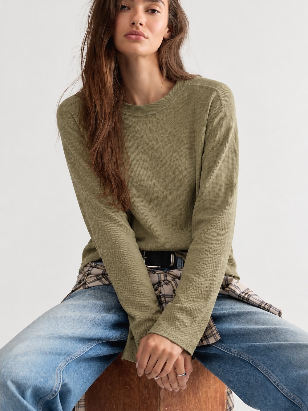 253. Banana Republic Olive Green Waffle-Knit Long Sleeve Top